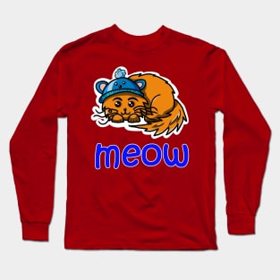 Meow. Happy ginger cat in a cute blue hat Long Sleeve T-Shirt